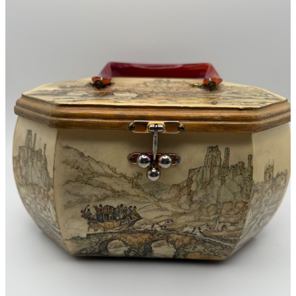 Vintage Anton Pieck Decoupage Box Purse Wood Octagon Red Handle Stagecoach